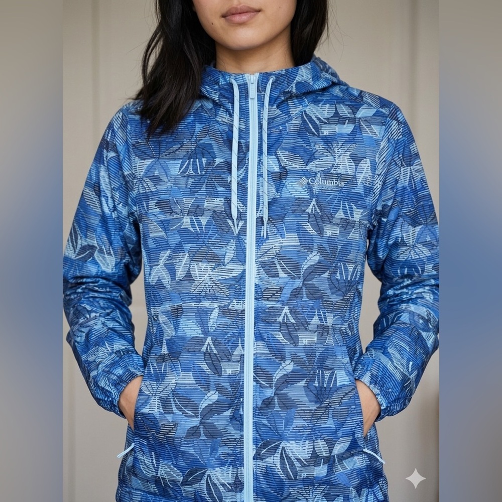 Columbia Womens Blue Floral Hooded Windbreaker Rain Coat Lightweight XS